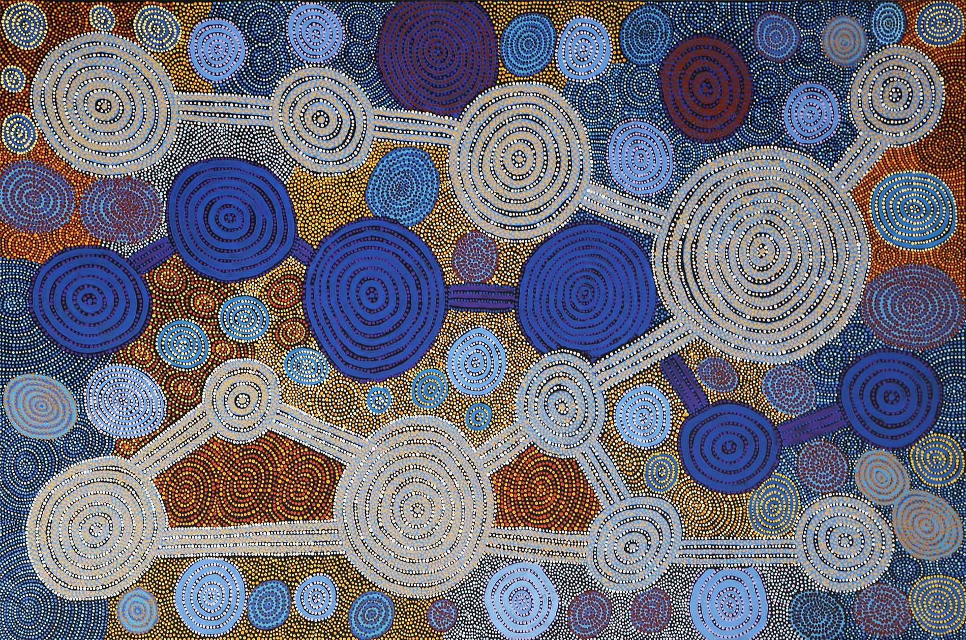 Abstract artwork with interconnected concentric circles in blue, white, and earth tones, featuring intricate dot patterns.