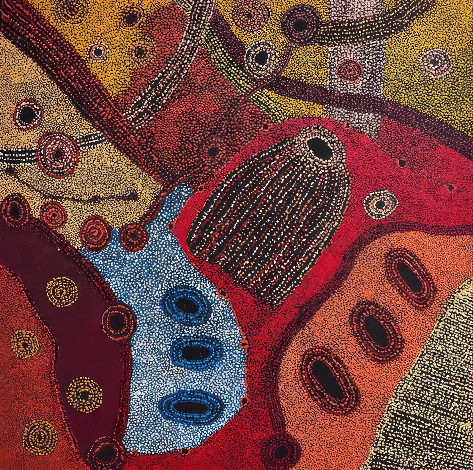 Abstract painting with swirling patterns of dots in red, yellow, black, blue, and white, creating organic, interwoven shapes and lines.