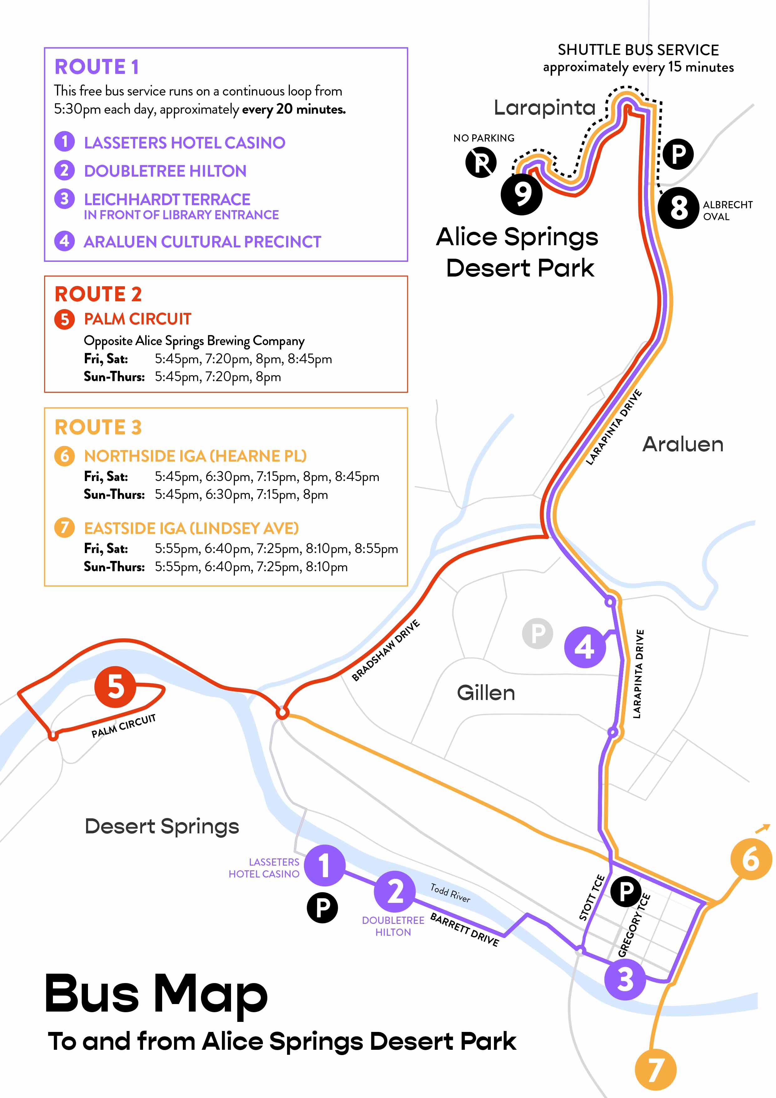 Map showing bus routes to Alice Springs Desert Park. Routes 1, 2, and 3 mark stops at key locations, with shuttle service every 15 minutes.
