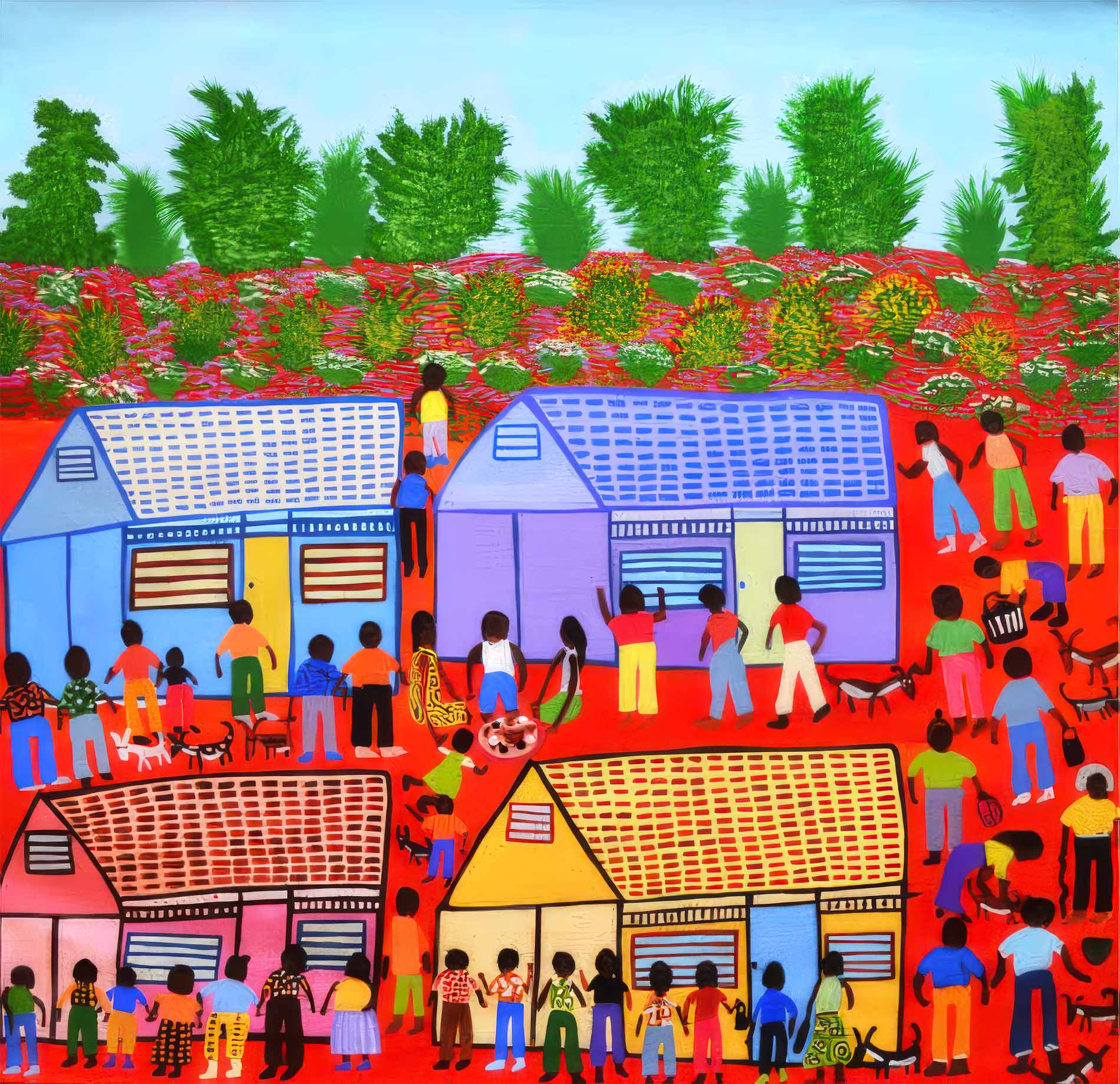 Colorful painting of people gathered around houses with vibrant rooftops, surrounded by red earth and trees in the background.