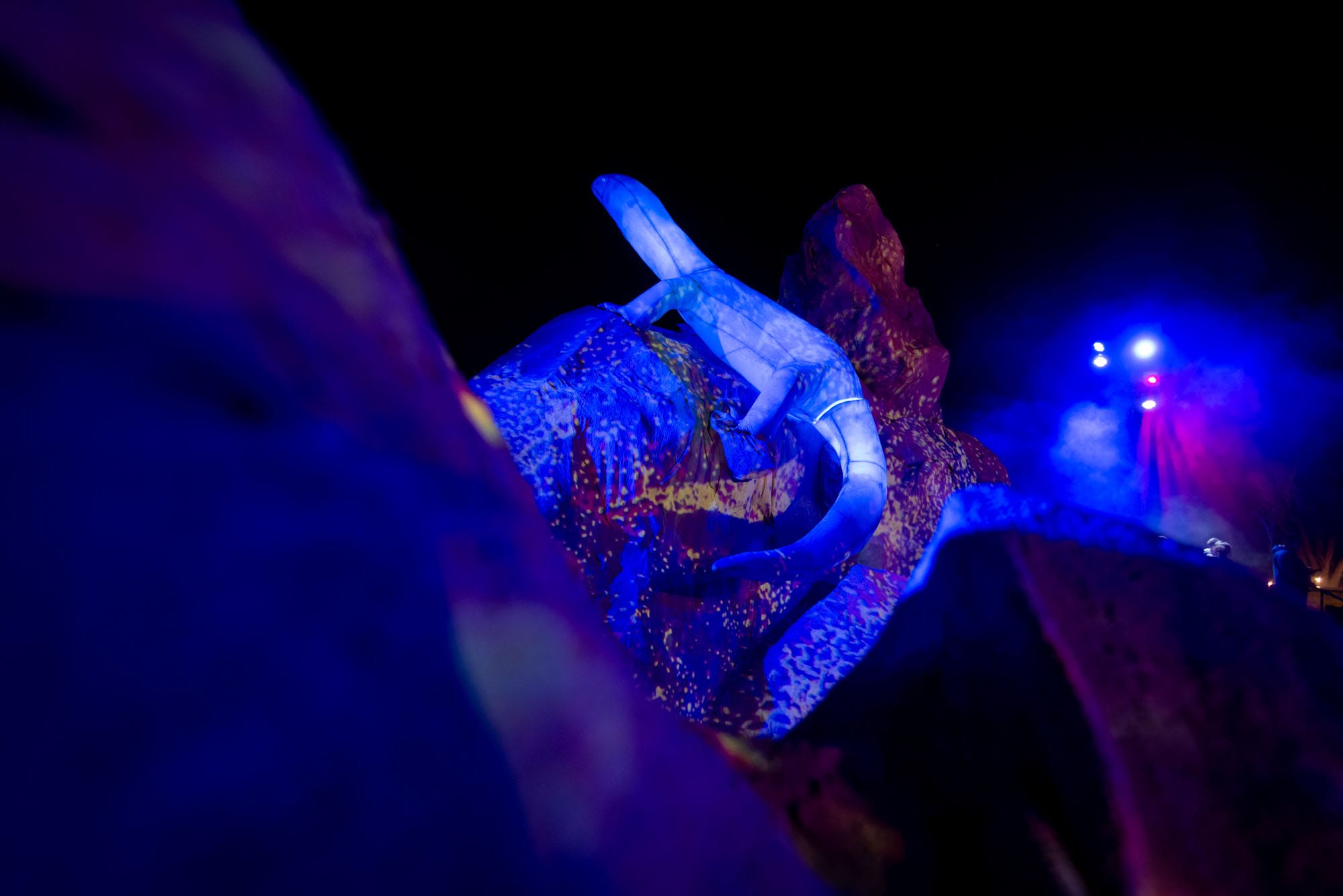 Sculpture of a lizard in blue light climbing a rock