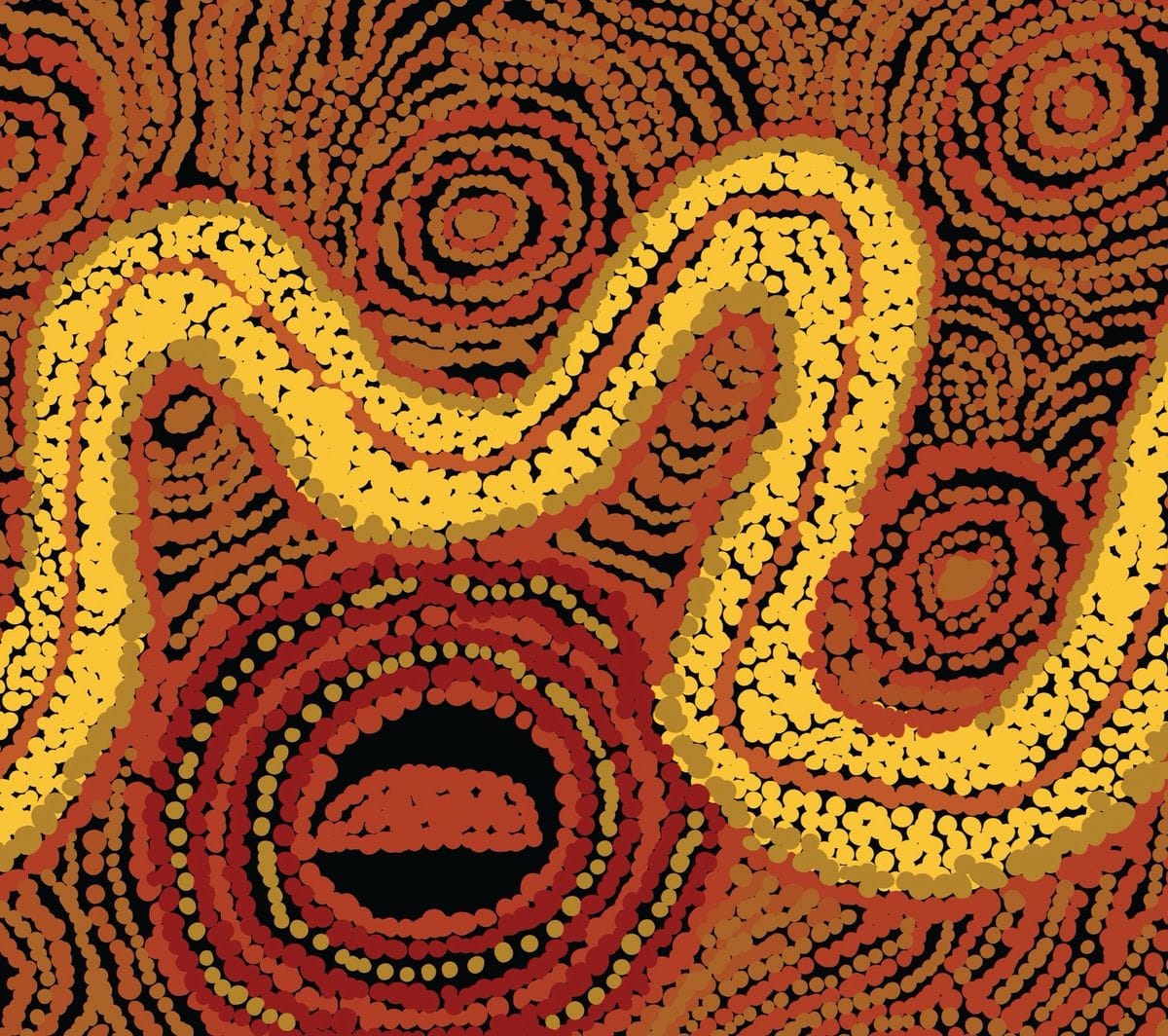 Abstract painting with swirling patterns in red, orange, and black, featuring a wavy, central yellow line resembling a river.
