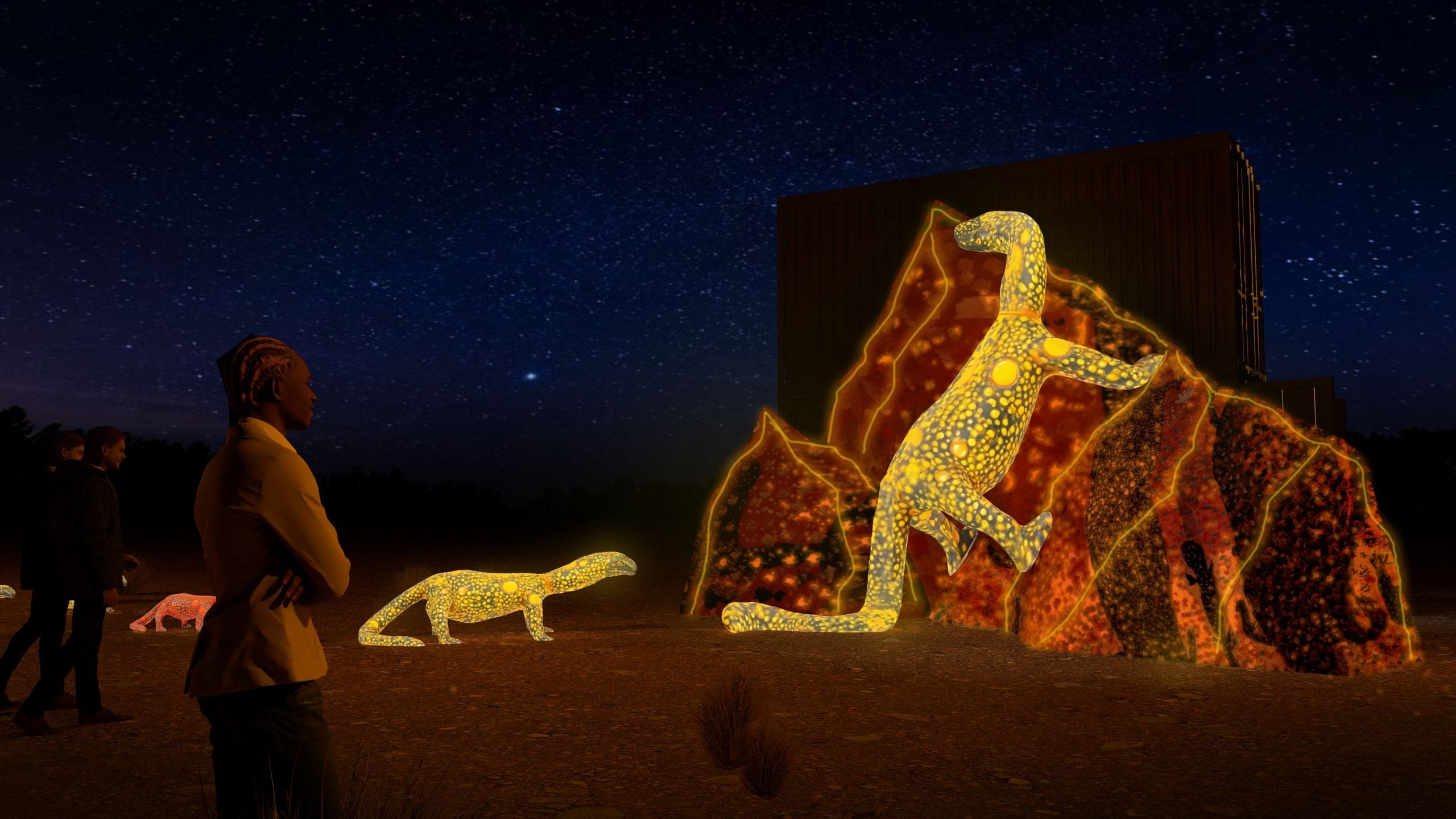 People observing illuminated gecko sculptures and rock formations at night, set against a starry sky.