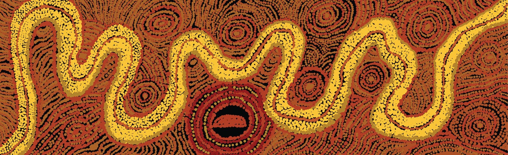 Abstract artwork with winding yellow lines over a textured red and brown background, featuring concentric circular patterns.