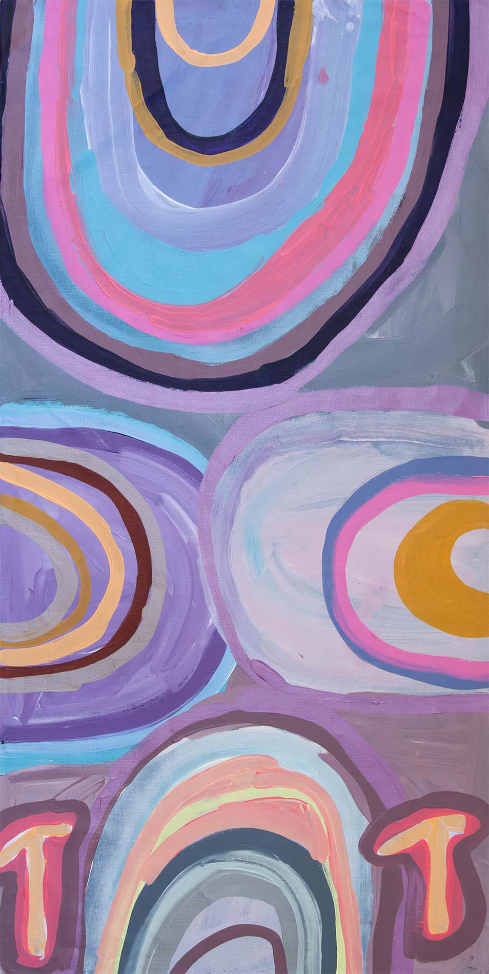 Abstract painting with layered, colorful arches and ovals in shades of blue, pink, purple, and yellow on a vertical canvas.